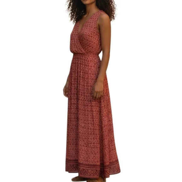 Garnet Hill Red Patterned sleeveless Maxi Dress S Tencel Bohemian Casual Cottage - Picture 1 of 7